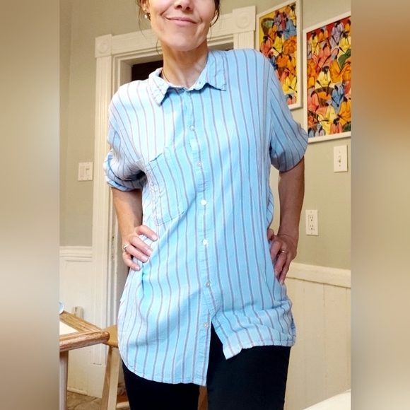 Oversized Striped Button Shirt Gorgeous Fabric Loose & Flowy Lrg 100% Rayon - Picture 16 of 16